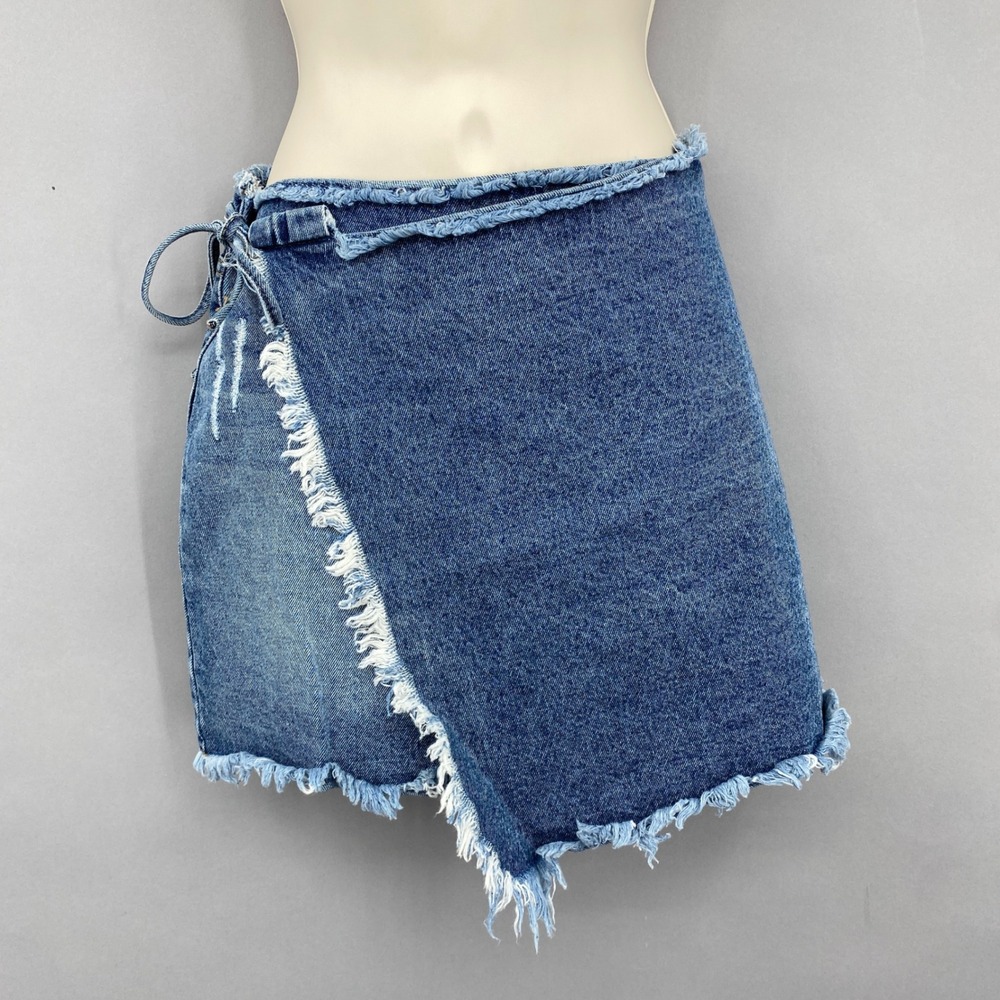 MOMOKROM Denim Wrap Mini Skirt Womens Small UK 8 Distressed Frayed Asymmetrical